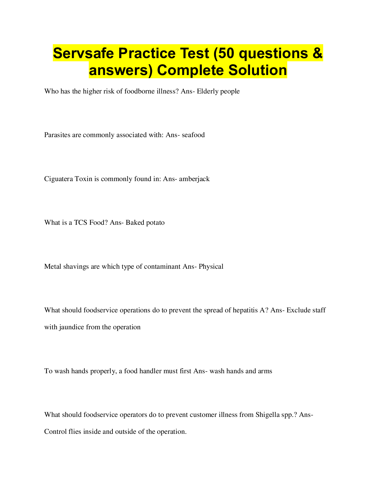 Preview image for Servsafe Practice Test (50 questions &  answers) Complete Solution